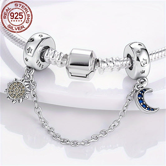 100% S925 Pure Silver Moon and Star Safety Chain Pendant Suitable for Original 3mm Bracelet and Bracelet DIY Beads Suitable for Women's Birthday Exquisite Jewelry Gift Silver Weight 5 Grams