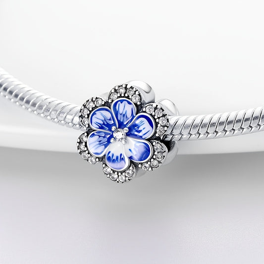 1pc 100% Real 925 Pure Silvery Blue Flower Women's Fashion Pendant Beads Suitable for Original Bracelet Necklace DIY Jewelry Making Birthday Surprise Gift for Girls Silvery Weight 3g