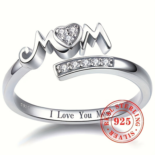 1.7g S925 Pure Silver Mom Heart-Shaped Promise Ring with Cubic Zirconia - Adjustable Band, Rhodium Plated, Perfect Mother'S Day Gift, Elegant Jewelry|Heartshaped Design|Adjustable Ring, Mothers Day Gifts for Mom