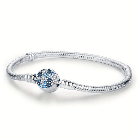 1pc 2025 New Year 925 Silver Bracelet Valentine's Day Sparkling Colorful Round Design Snake Bone Bracelet with Inlaid Synthetic Synthetic Zirconia for Original Pendant Charm Beads Ladies DIY Jewelry Making, Perfect Gift for A